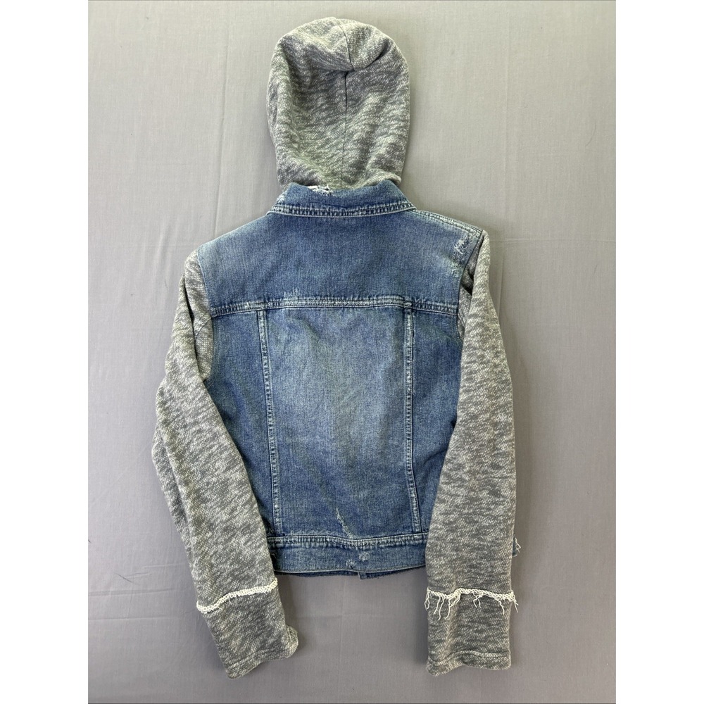 Free People Denim Jacket Gray Knit Sleeves Detachable Hood Blue Distressed M - Picture 6 of 6